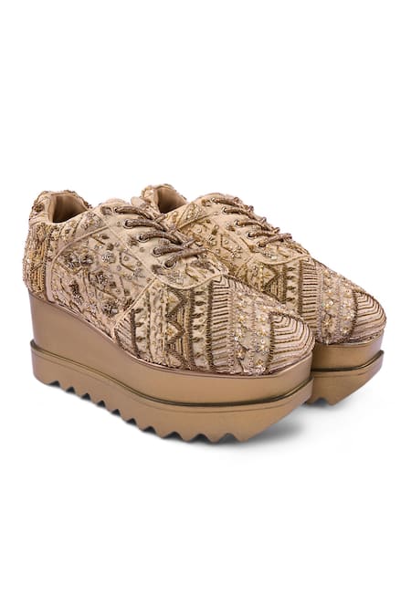 Anaar Gold Loveletter Wedge Embroidered Sneakers 