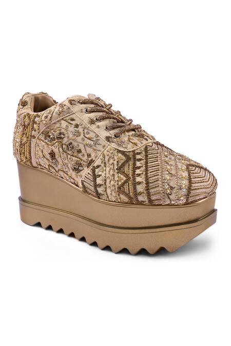 Anaar_Gold Loveletter Wedge Embroidered Sneakers _Online_at_Aza_Fashions
