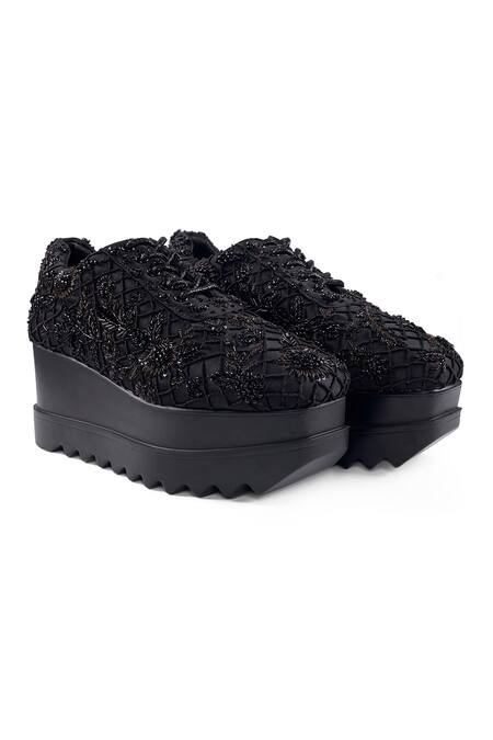 Shop_Anaar_Black Afterglow Wedge Embroidered Sneakers _Online_at_Aza_Fashions