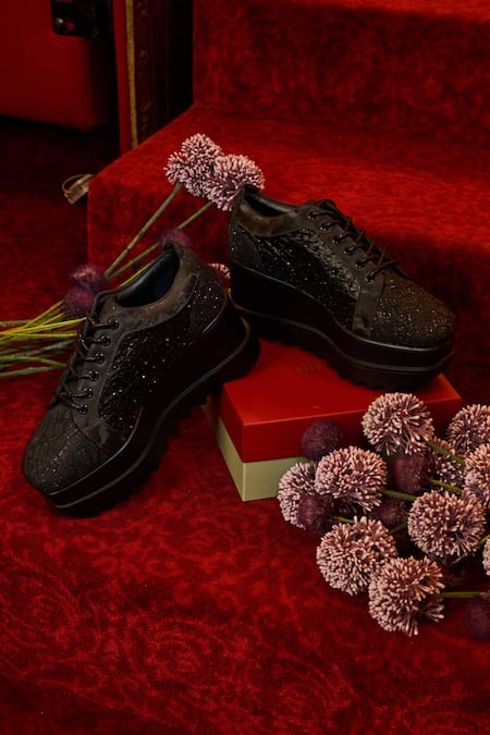 Anaar Black Speakeasy Wedge Embroidered Sneakers 