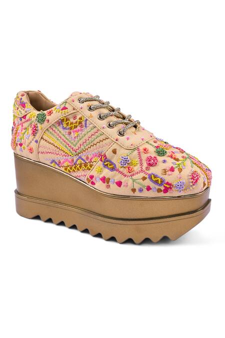 Anaar_Beige Fiesta Walks Wedge Embroidered Sneakers _at_Aza_Fashions