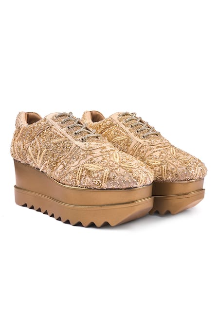 Buy_Anaar_Gold Sneak-o-gold Wedge Embroidered Sneakers _Online_at_Aza_Fashions