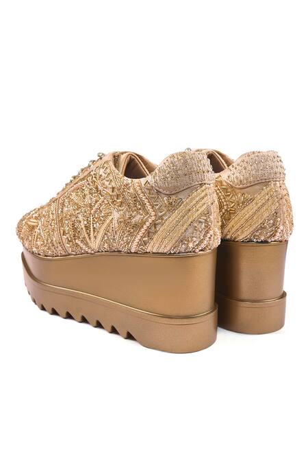 Shop_Anaar_Gold Sneak-o-gold Wedge Embroidered Sneakers _Online_at_Aza_Fashions