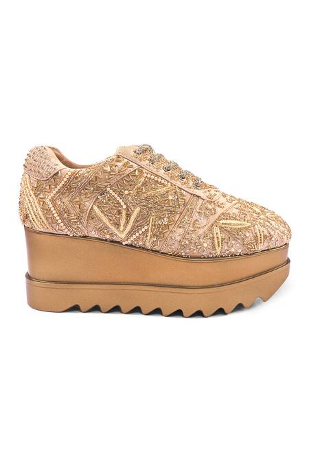 Anaar_Gold Sneak-o-gold Wedge Embroidered Sneakers _at_Aza_Fashions