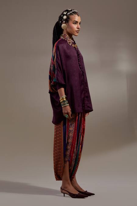 Aseem Kapoor_Burgundy Crinkle Embroidery Collared Mandala Pattern Shirt And Trouser Set _Online_at_Aza_Fashions