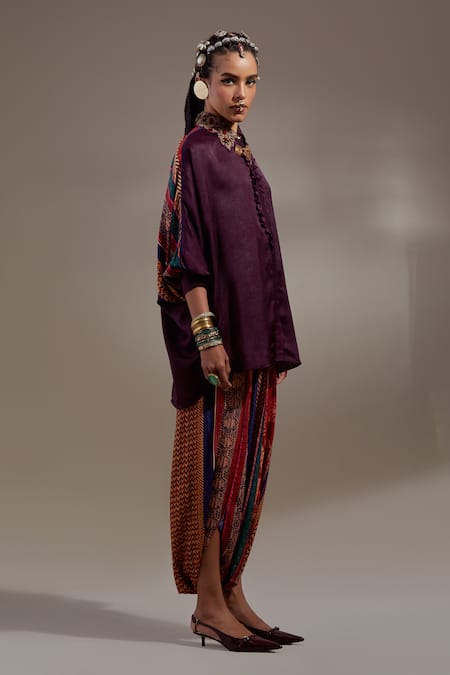Buy_Aseem Kapoor_Burgundy Crinkle Embroidery Collared Mandala Pattern Shirt And Trouser Set _Online_at_Aza_Fashions