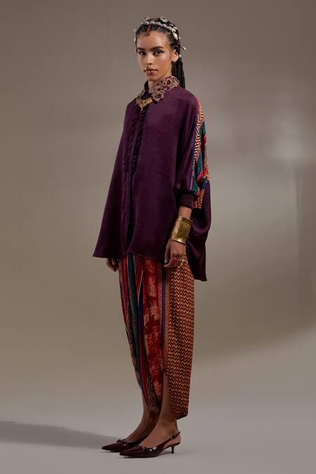 Aseem Kapoor_Burgundy Crinkle Embroidery Collared Mandala Pattern Shirt And Trouser Set _at_Aza_Fashions
