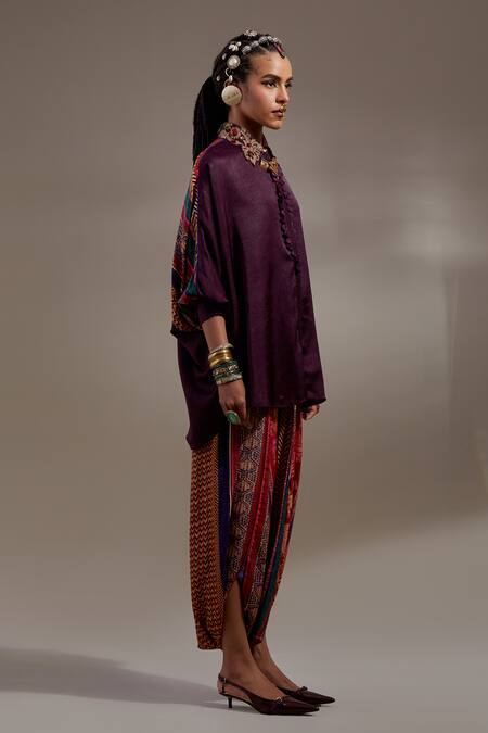Buy_Aseem Kapoor_Burgundy Crinkle Embroidery Collared Mandala Pattern Shirt And Trouser Set 