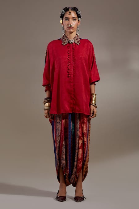 Aseem Kapoor Red Crinkle, Silk Embroidery Collared Mandala Pattern Shirt Online at Aza Fashions Aseem Kapoor_Red Crinkle, Silk Embroidery Collared Mandala Pattern Shirt _Online_at_Aza_Fashions