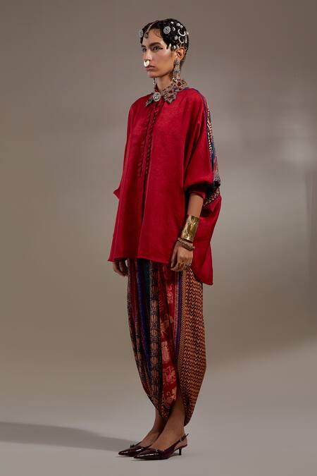 Shop Aseem Kapoor Red Crinkle, Silk Embroidery Collared Mandala Pattern Shirt Online at Aza Fashions Shop_Aseem Kapoor_Red Crinkle, Silk Embroidery Collared Mandala Pattern Shirt _Online_at_Aza_Fashions