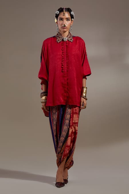 Aseem Kapoor Red Crinkle Embroidery Collared Mandala Pattern Shirt And Trouser Set 