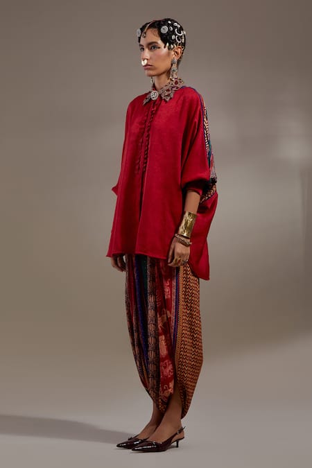 Buy_Aseem Kapoor_Red Crinkle Embroidery Collared Mandala Pattern Shirt And Trouser Set _Online_at_Aza_Fashions