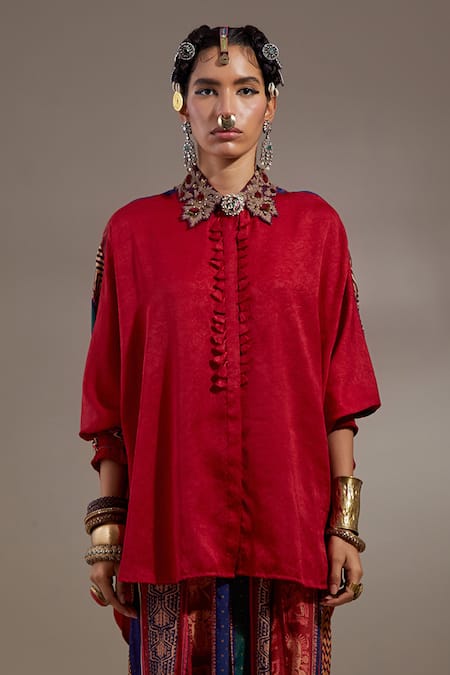 Shop_Aseem Kapoor_Red Crinkle Embroidery Collared Mandala Pattern Shirt And Trouser Set _Online_at_Aza_Fashions