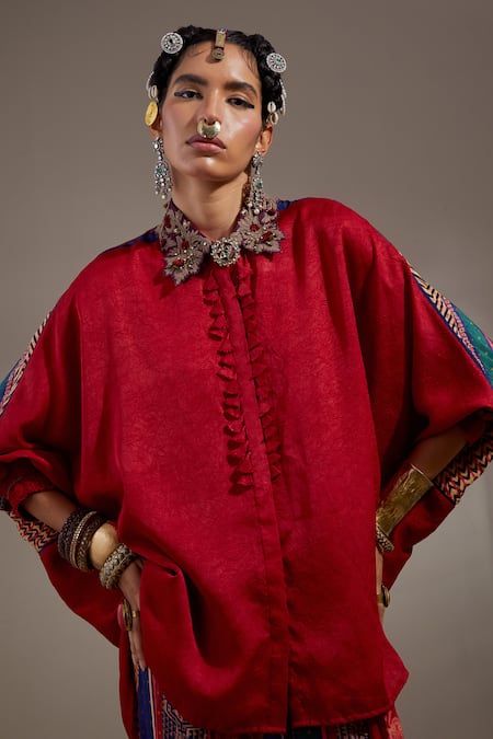 Buy_Aseem Kapoor_Red Crinkle Embroidery Collared Mandala Pattern Shirt And Trouser Set 