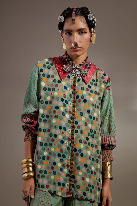 Shop Aseem Kapoor Green Crepe Embroidery Collared Atri Straight Shirt And Trouser Set Online at Aza Fashions Shop_Aseem Kapoor_Green Crepe Embroidery Collared Atri Straight Shirt And Trouser Set _Online_at_Aza_Fashions