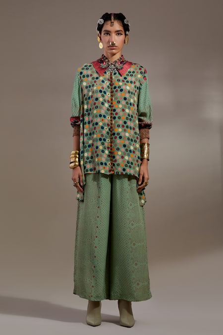 Aseem Kapoor Green Crepe Embroidery Collared Atri Straight Shirt And Trouser Set 