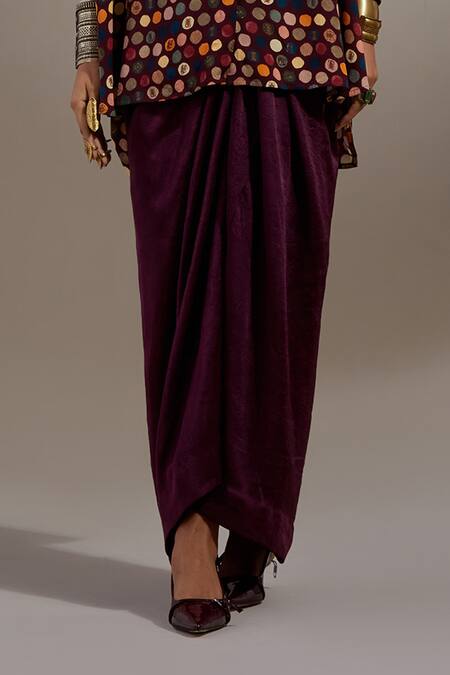 Aseem Kapoor_Burgundy Crinkle, Silk Embroidery V-neck Mandala Pattern Shirt With Skirt _Online_at_Aza_Fashions