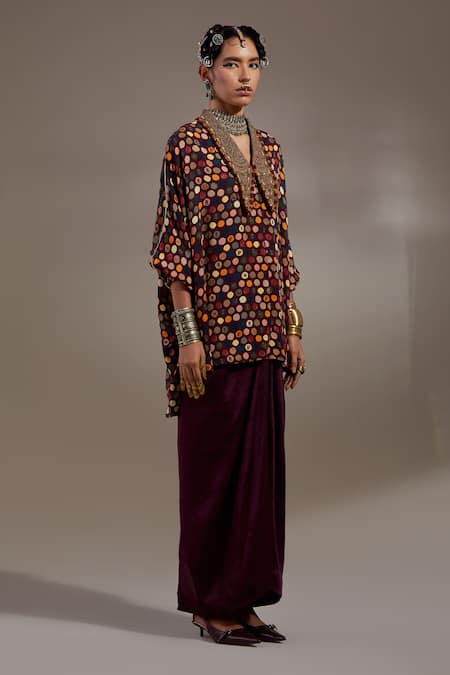 Buy_Aseem Kapoor_Burgundy Crinkle, Silk Embroidery V-neck Mandala Pattern Shirt With Skirt _Online_at_Aza_Fashions