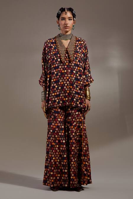 Shop_Aseem Kapoor_Maroon Crepe Embroidery Collared Mandala Pattern Shirt With Trouser _Online_at_Aza_Fashions