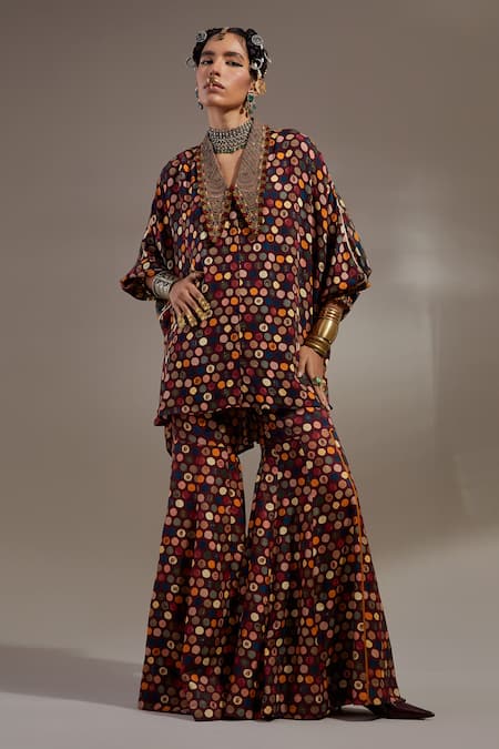 Aseem Kapoor Maroon Crepe Embroidery Collared Mandala Pattern Shirt With Trouser 