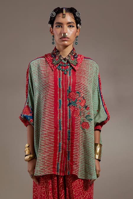 Aseem Kapoor Green Crepe Embroidery Collared Mandala Pattern Shirt 