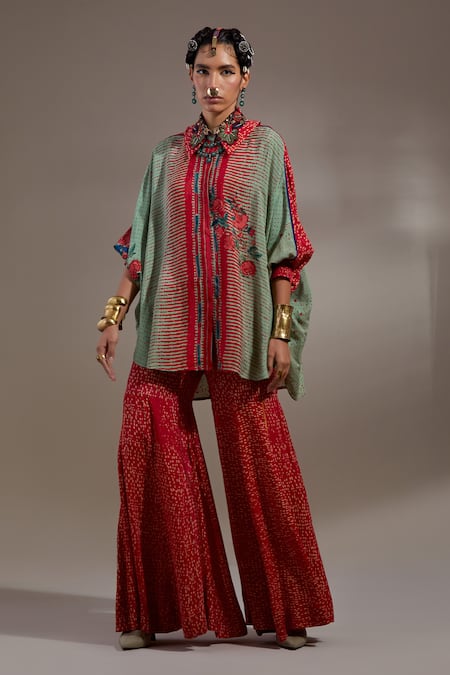 Aseem Kapoor Red Crepe Embroidery Collared Mandala Pattern Shirt With Sharara Online at Aza Fashions Aseem Kapoor_Red Crepe Embroidery Collared Mandala Pattern Shirt With Sharara _Online_at_Aza_Fashions