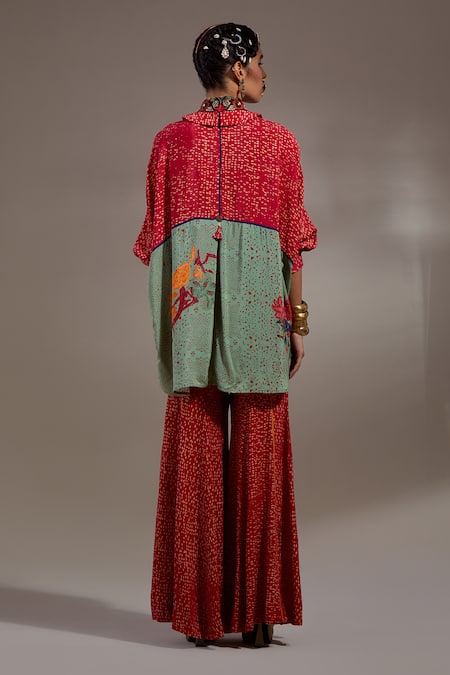 Shop Aseem Kapoor Red Crepe Embroidery Collared Mandala Pattern Shirt With Sharara at Aza Fashions Shop_Aseem Kapoor_Red Crepe Embroidery Collared Mandala Pattern Shirt With Sharara _at_Aza_Fashions