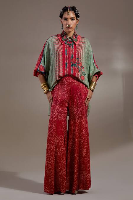 Shop Aseem Kapoor Red Crepe Embroidery Collared Mandala Pattern Shirt With Sharara Online at Aza Fashions Shop_Aseem Kapoor_Red Crepe Embroidery Collared Mandala Pattern Shirt With Sharara _Online_at_Aza_Fashions