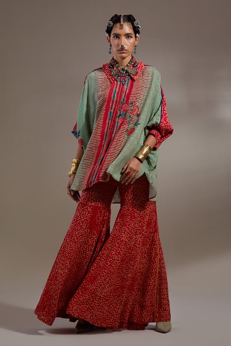 Aseem Kapoor Red Crepe Embroidery Collared Mandala Pattern Shirt With Sharara 