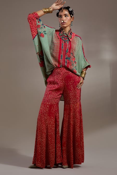 Aseem Kapoor Red Crepe Embroidery Collared Mandala Pattern Shirt With Sharara at Aza Fashions Aseem Kapoor_Red Crepe Embroidery Collared Mandala Pattern Shirt With Sharara _at_Aza_Fashions