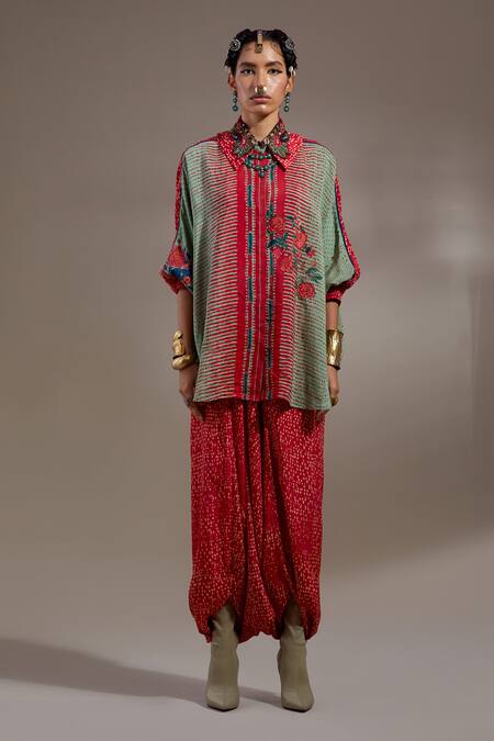 Aseem Kapoor Green Crepe Embroidery Collared Mandala Pattern Shirt With Dhoti Pant Online at Aza Fashions Aseem Kapoor_Green Crepe Embroidery Collared Mandala Pattern Shirt With Dhoti Pant _Online_at_Aza_Fashions