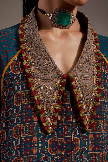 Buy Aseem Kapoor Teal Crepe Embroidery, Beads, Sequins V-neck Atri Straight Shirt Online at Aza Fashions Buy_Aseem Kapoor_Teal Crepe Embroidery, Beads, Sequins V-neck Atri Straight Shirt _Online_at_Aza_Fashions