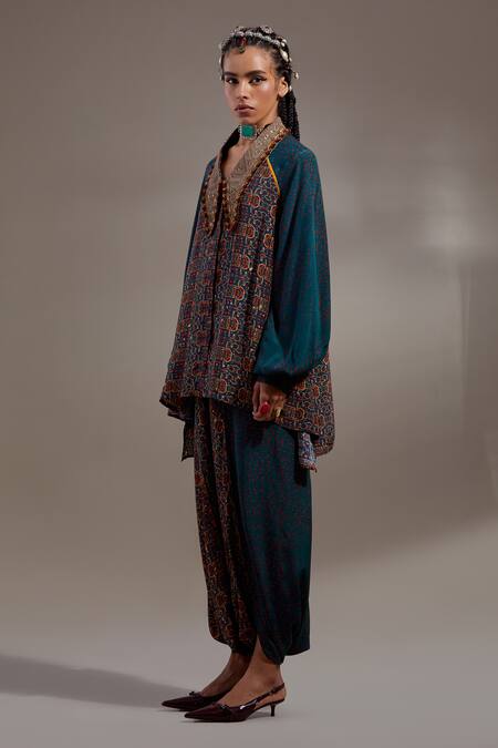 Aseem Kapoor Teal Crepe Embroidery, Beads, Sequins, Tassels Atri Straight Shirt With Trouser Online at Aza Fashions Aseem Kapoor_Teal Crepe Embroidery, Beads, Sequins, Tassels Atri Straight Shirt With Trouser _Online_at_Aza_Fashions