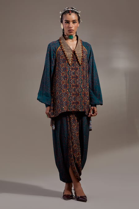 Aseem Kapoor Teal Crepe Embroidery, Beads, Sequins, Tassels Atri Straight Shirt With Trouser 