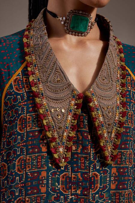 Aseem Kapoor Teal Crepe Embroidery, Beads, Sequins, Tassels Atri Straight Shirt With Trouser at Aza Fashions Aseem Kapoor_Teal Crepe Embroidery, Beads, Sequins, Tassels Atri Straight Shirt With Trouser _at_Aza_Fashions