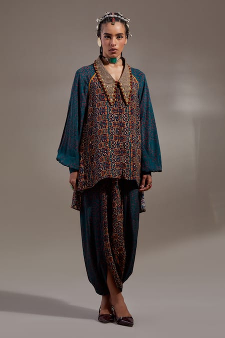 Buy Aseem Kapoor Teal Crepe Embroidery, Beads, Sequins, Tassels Atri Straight Shirt With Trouser Buy_Aseem Kapoor_Teal Crepe Embroidery, Beads, Sequins, Tassels Atri Straight Shirt With Trouser