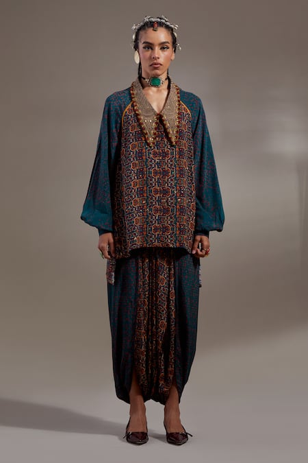 Shop Aseem Kapoor Teal Crepe Embroidery, Beads, Sequins, Tassels Atri Straight Shirt With Trouser Shop_Aseem Kapoor_Teal Crepe Embroidery, Beads, Sequins, Tassels Atri Straight Shirt With Trouser