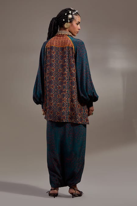 Shop Aseem Kapoor Teal Crepe Embroidery, Beads, Sequins, Tassels Atri Straight Shirt With Trouser at Aza Fashions Shop_Aseem Kapoor_Teal Crepe Embroidery, Beads, Sequins, Tassels Atri Straight Shirt With Trouser _at_Aza_Fashions