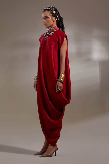 Shop Aseem Kapoor Red Crinkle, Silk Embroidery High Neck Rasa Drop Shoulder Dress Online at Aza Fashions Shop_Aseem Kapoor_Red Crinkle, Silk Embroidery High Neck Rasa Drop Shoulder Dress _Online_at_Aza_Fashions
