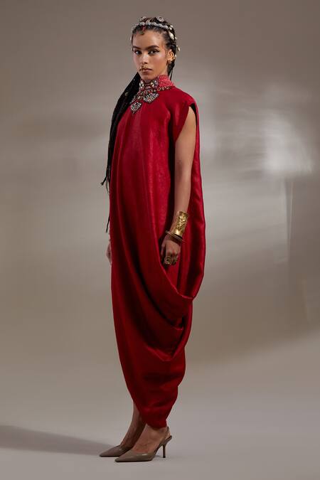 Aseem Kapoor Red Crinkle, Silk Embroidery High Neck Rasa Drop Shoulder Dress at Aza Fashions Aseem Kapoor_Red Crinkle, Silk Embroidery High Neck Rasa Drop Shoulder Dress _at_Aza_Fashions