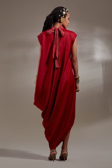 Shop Aseem Kapoor Red Crinkle, Silk Embroidery High Neck Rasa Drop Shoulder Dress at Aza Fashions Shop_Aseem Kapoor_Red Crinkle, Silk Embroidery High Neck Rasa Drop Shoulder Dress _at_Aza_Fashions