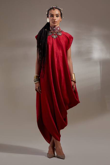 Aseem Kapoor Red Crinkle Embroidery, Beads, Tassels Open Veni Pattern Jacket And Skirt Set Online at Aza Fashions Aseem Kapoor_Red Crinkle Embroidery, Beads, Tassels Open Veni Pattern Jacket And Skirt Set _Online_at_Aza_Fashions