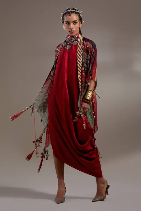 Buy Aseem Kapoor Red Crinkle Embroidery, Beads, Tassels Open Veni Pattern Jacket And Skirt Set Online at Aza Fashions Buy_Aseem Kapoor_Red Crinkle Embroidery, Beads, Tassels Open Veni Pattern Jacket And Skirt Set _Online_at_Aza_Fashions