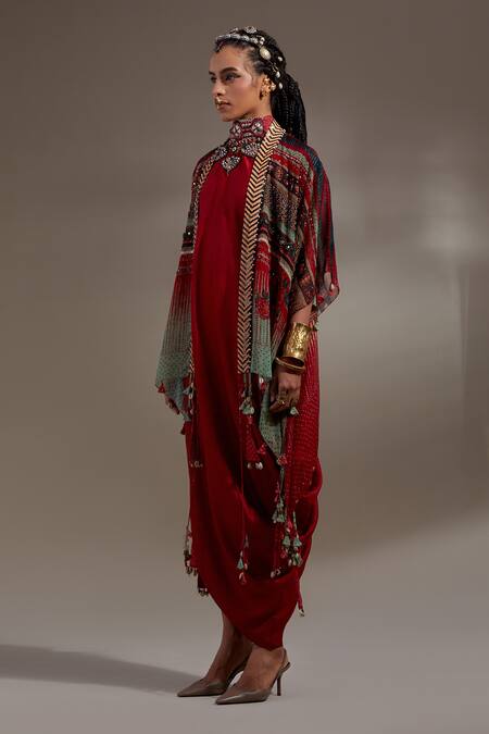 Shop Aseem Kapoor Red Crinkle Embroidery, Beads, Tassels Open Veni Pattern Jacket And Skirt Set Online at Aza Fashions Shop_Aseem Kapoor_Red Crinkle Embroidery, Beads, Tassels Open Veni Pattern Jacket And Skirt Set _Online_at_Aza_Fashions