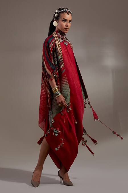 Aseem Kapoor Red Crinkle Embroidery, Beads, Tassels Open Veni Pattern Jacket And Skirt Set at Aza Fashions Aseem Kapoor_Red Crinkle Embroidery, Beads, Tassels Open Veni Pattern Jacket And Skirt Set _at_Aza_Fashions