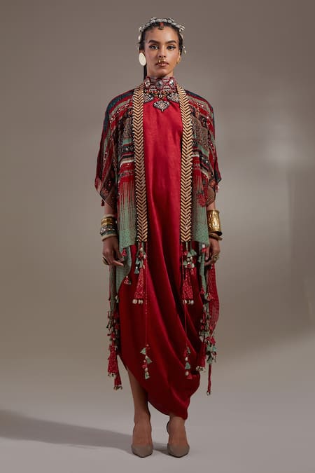 Buy Aseem Kapoor Red Crinkle Embroidery, Beads, Tassels Open Veni Pattern Jacket And Skirt Set Buy_Aseem Kapoor_Red Crinkle Embroidery, Beads, Tassels Open Veni Pattern Jacket And Skirt Set