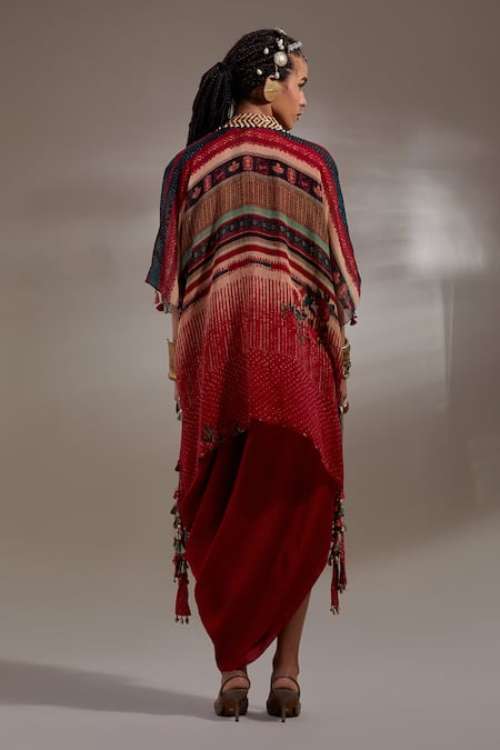 Shop Aseem Kapoor Red Crinkle Embroidery, Beads, Tassels Open Veni Pattern Jacket And Skirt Set at Aza Fashions Shop_Aseem Kapoor_Red Crinkle Embroidery, Beads, Tassels Open Veni Pattern Jacket And Skirt Set _at_Aza_Fashions