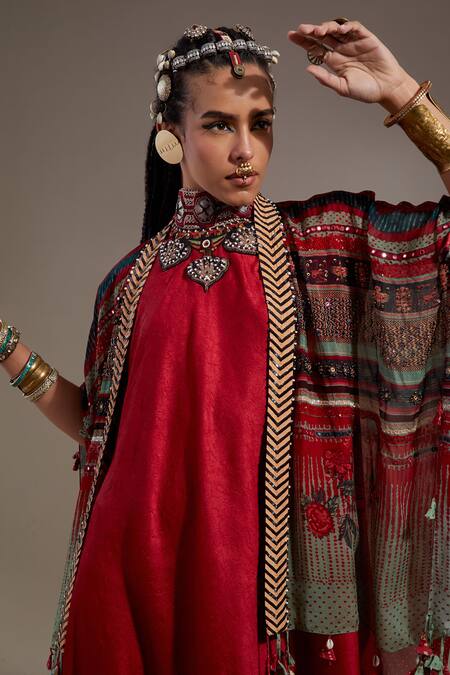 Shop Aseem Kapoor Red Crinkle Embroidery, Beads, Tassels Open Veni Pattern Jacket And Skirt Set Shop_Aseem Kapoor_Red Crinkle Embroidery, Beads, Tassels Open Veni Pattern Jacket And Skirt Set