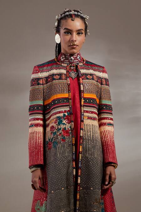 Aseem Kapoor Crinkle Embroidery, Mirrors, Beads, Sequins Mandarin Dariya Pattern Jacket at Aza Fashions Aseem Kapoor_Crinkle Embroidery, Mirrors, Beads, Sequins Mandarin Dariya Pattern Jacket _at_Aza_Fashions