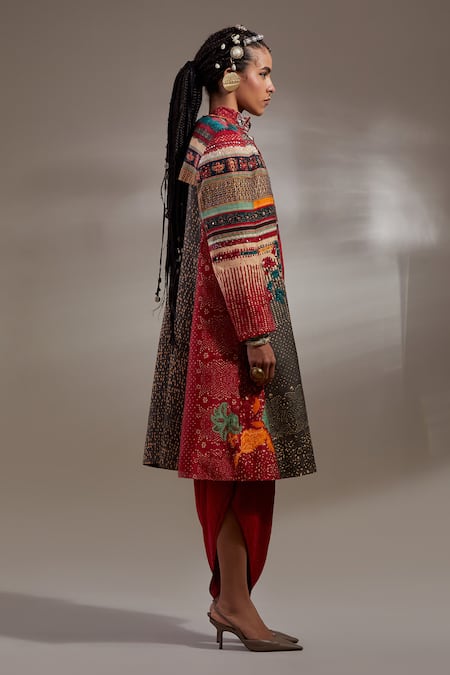 Aseem Kapoor Red Crinkle Embroidery, Mirrors, Beads, Hina Pattern Trench Coat And Dress Set Online at Aza Fashions Aseem Kapoor_Red Crinkle Embroidery, Mirrors, Beads, Hina Pattern Trench Coat And Dress Set _Online_at_Aza_Fashions
